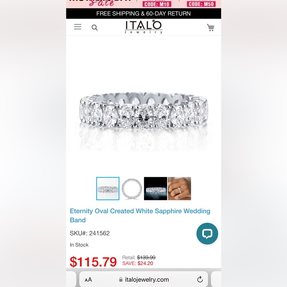 NIB NEVER WORN ITALO OVAL ETERNITY WHITE SAPPHIRE BAND/wedding band Size 6